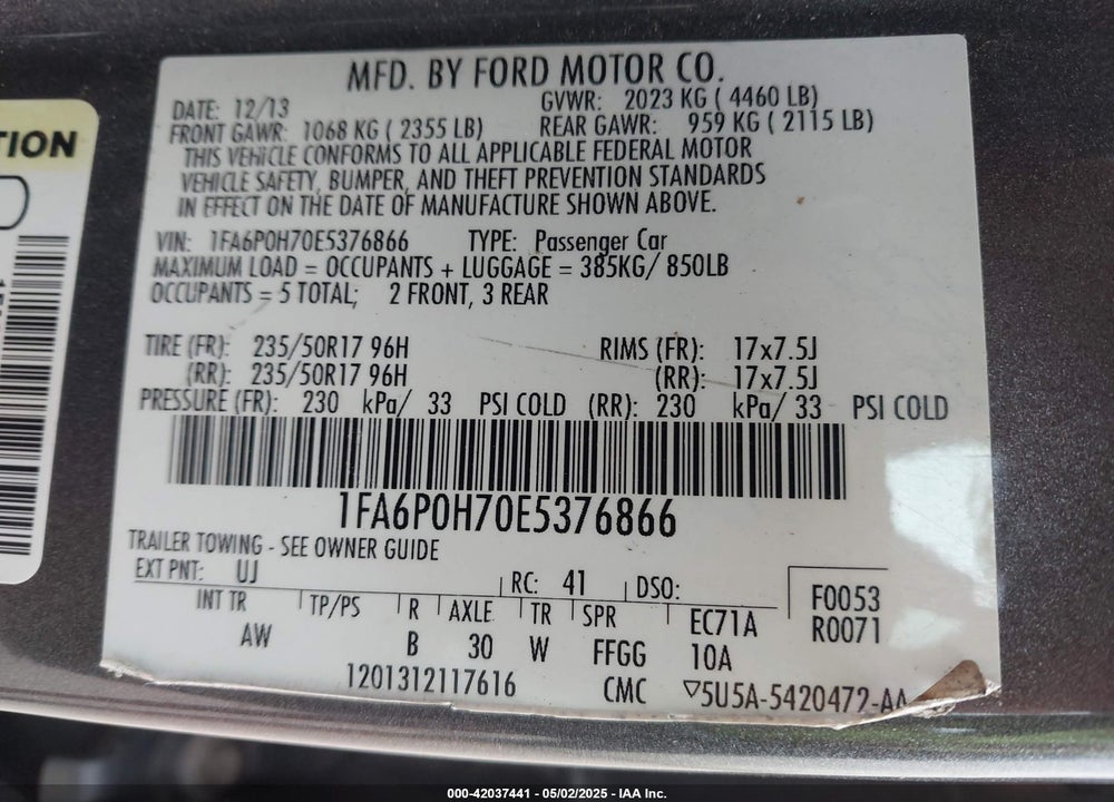 2014 FORD FUSION VIN: 1FA6P0H70E5376866