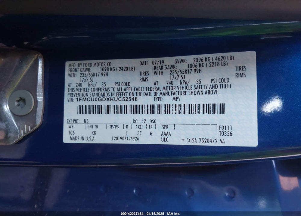 2019 FORD ESCAPE SE VIN: 1FMCU0GDXKUC52548
