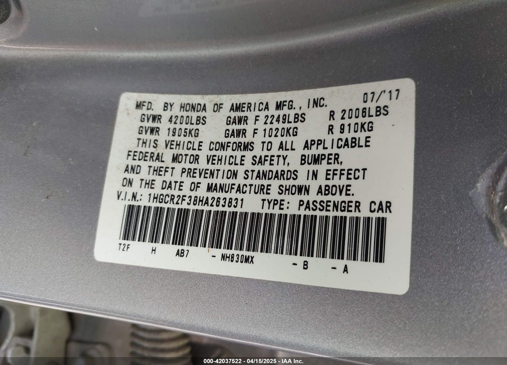 2017 HONDA ACCORD VIN: 1HGCR2F38HA263831