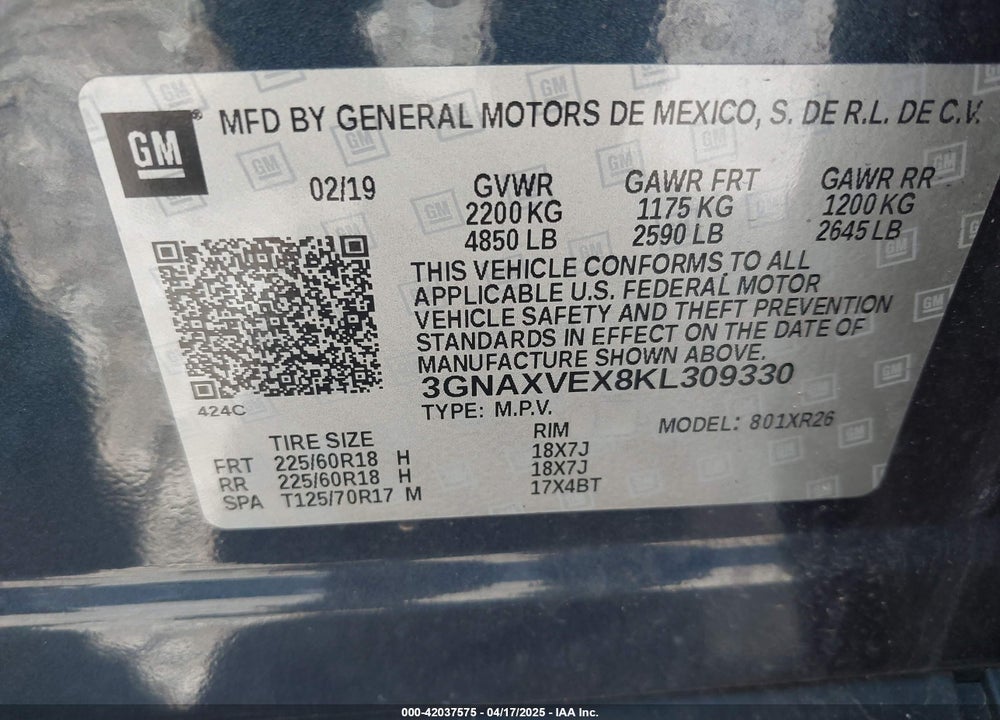 2019 CHEVROLET EQUINOX VIN: 3GNAXVEX8KL309330