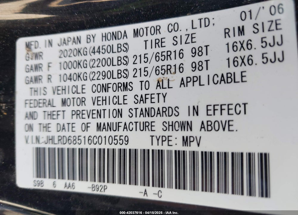 2006 HONDA CR-V LX VIN: JHLRD68516C010559