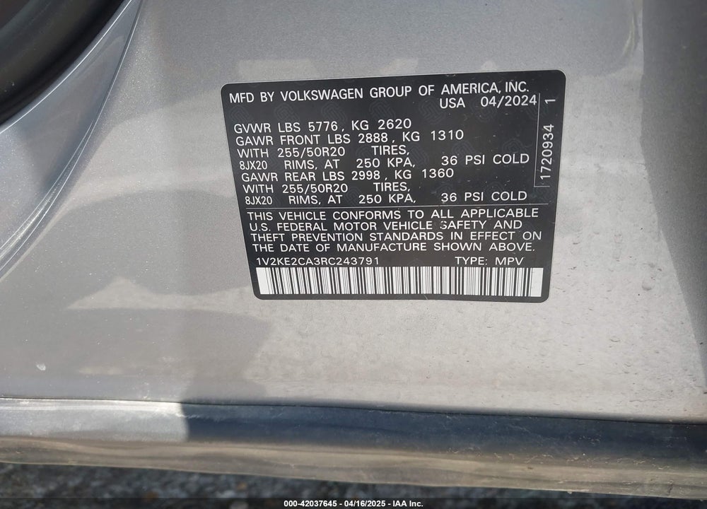 2024 VOLKSWAGEN ATLAS CROSS SPORT VIN: 1V2KE2CA3RC243791