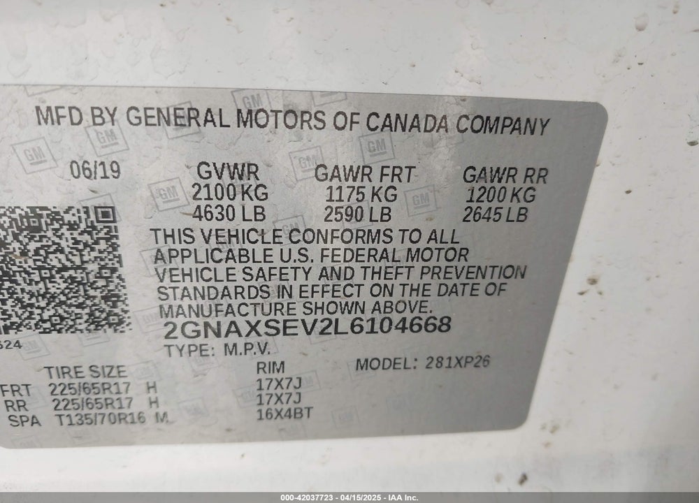 2020 CHEVROLET EQUINOX AWD LS VIN: 2GNAXSEV2L6104668