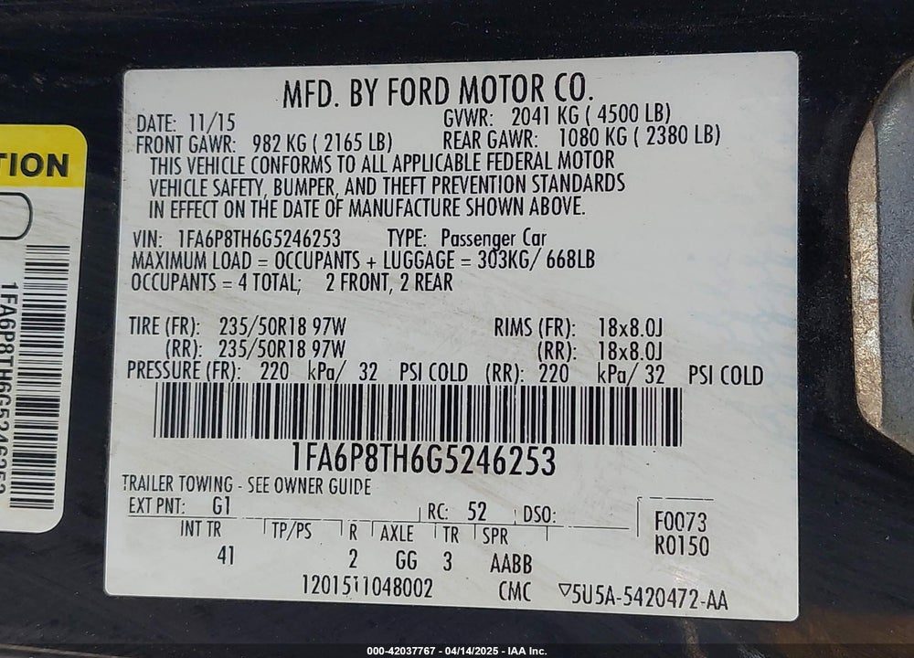 2016 FORD MUSTANG VIN: 1FA6P8TH6G5246253
