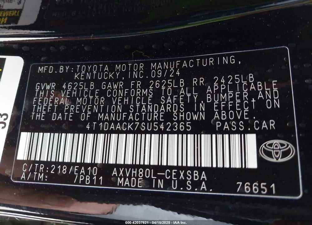 2025 TOYOTA CAMRY SE VIN: 4T1DAACK7SU542365