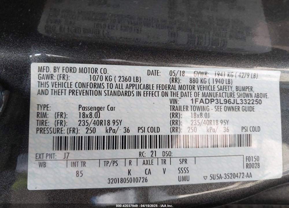2018 FORD FOCUS VIN: 1FADP3L96JL332250