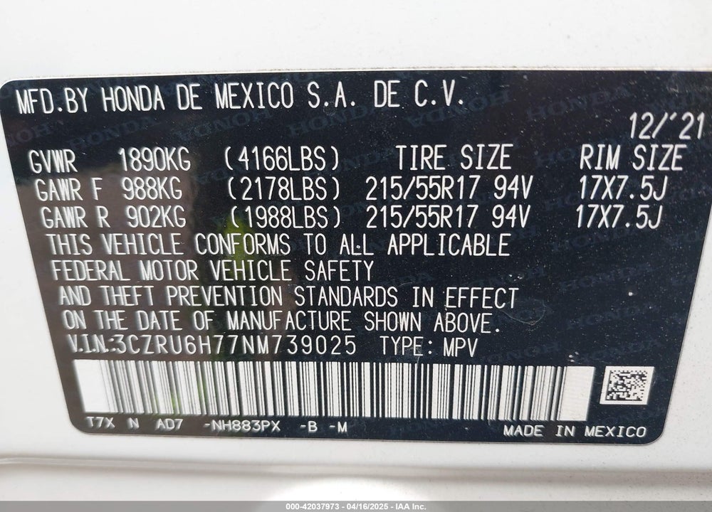 2022 HONDA HR-V AWD EX-L VIN: 3CZRU6H77NM739025