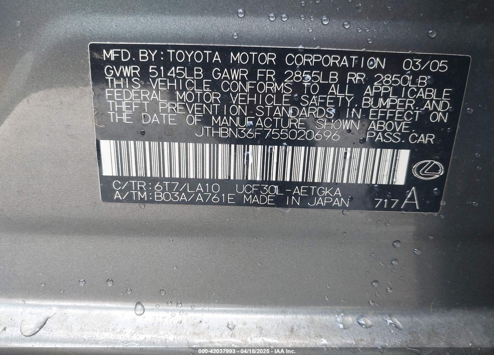 2005 LEXUS LS 430 VIN: JTHBN36F755020696