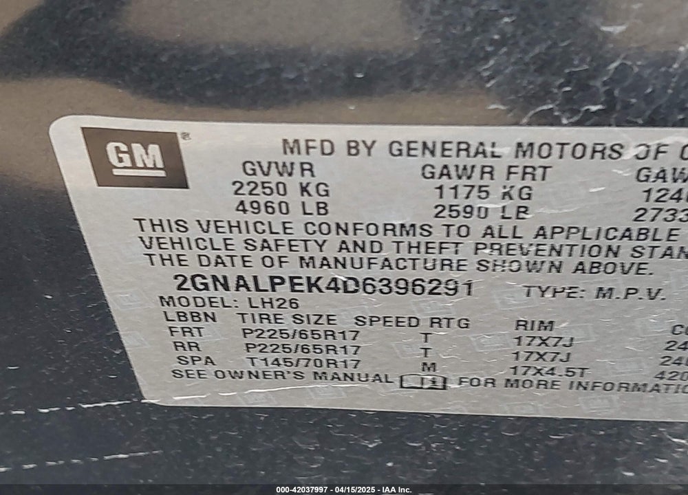 2013 CHEVROLET EQUINOX VIN: 2GNALPEK4D6396291