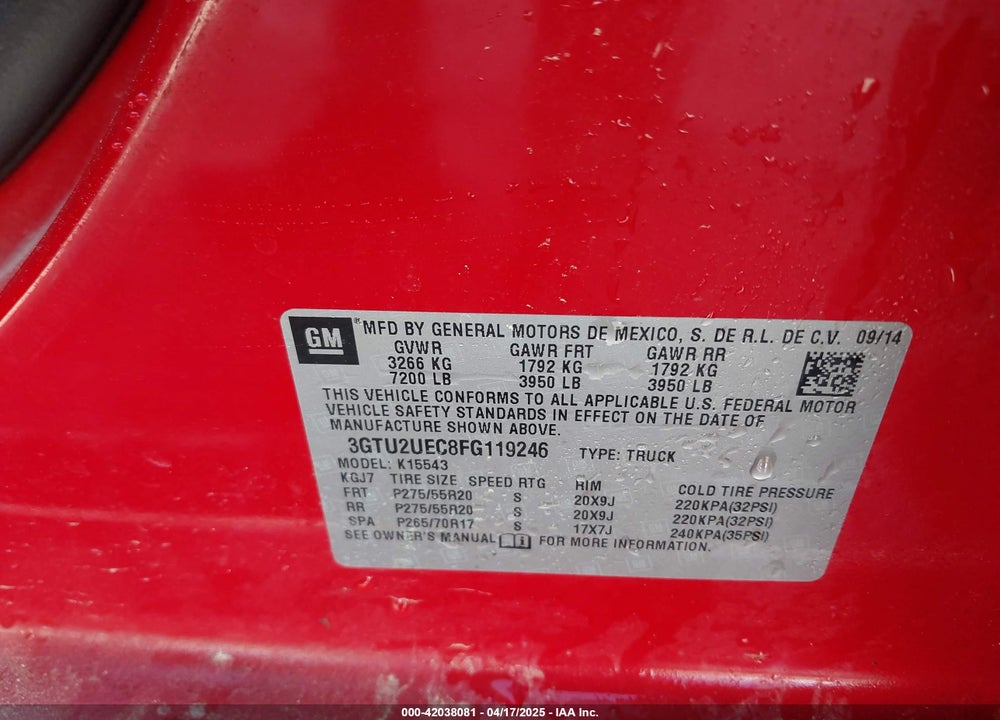 2015 GMC SIERRA VIN: 3GTU2UEC8FG119246