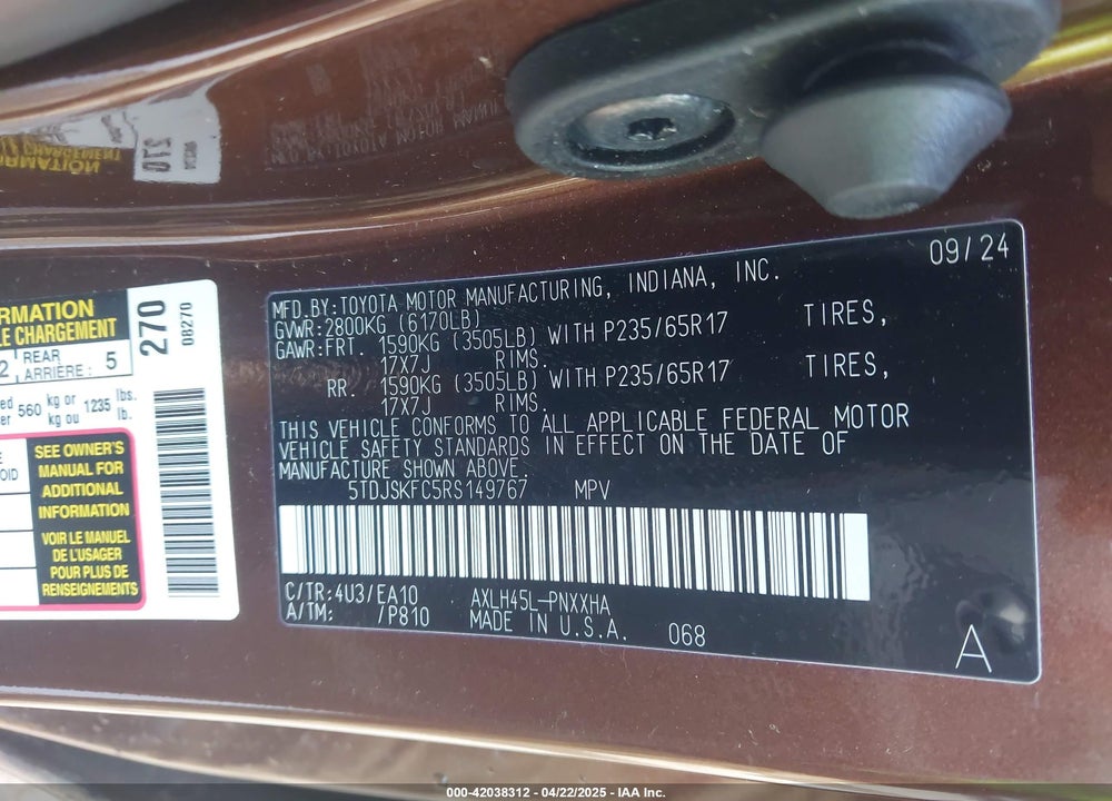 2024 TOYOTA SIENNA XLE VIN: 5TDJSKFC5RS149767