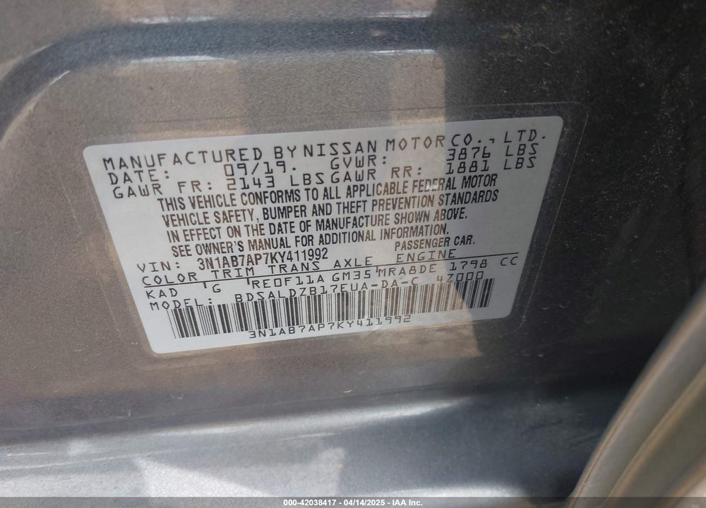 2019 NISSAN SENTRA SV VIN: 3N1AB7AP7KY411992