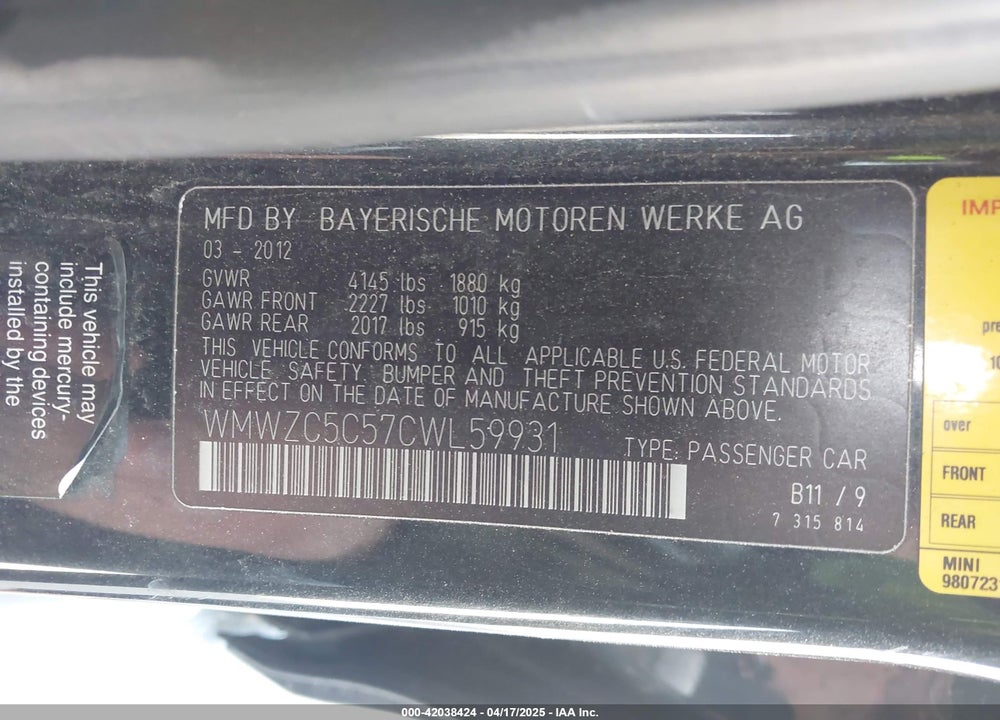 2012 MINI COOPER S COUNTRYMAN VIN: WMWZC5C57CWL59931