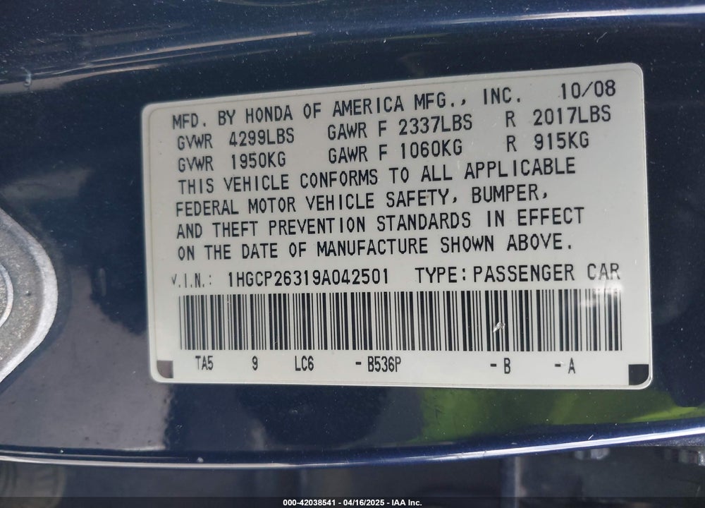 2009 HONDA ACCORD 2.4 LX VIN: 1HGCP26319A042501