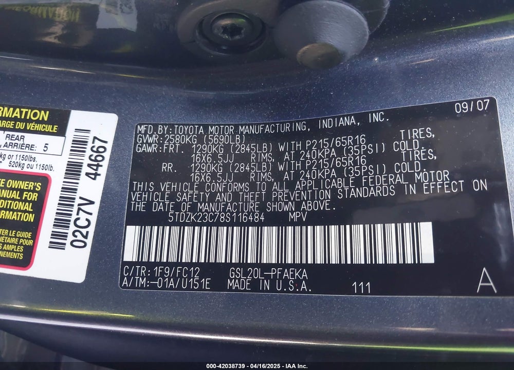 2008 TOYOTA SIENNA LE VIN: 5TDZK23C78S116484