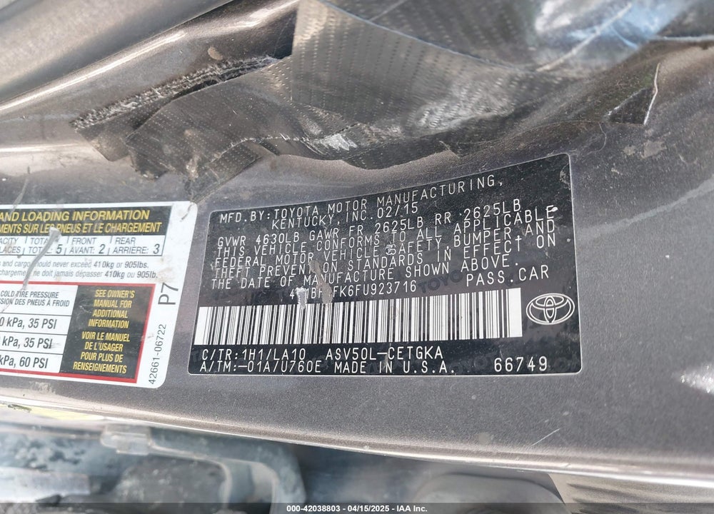 2015 TOYOTA CAMRY XLE VIN: 4T1BF1FK6FU923716