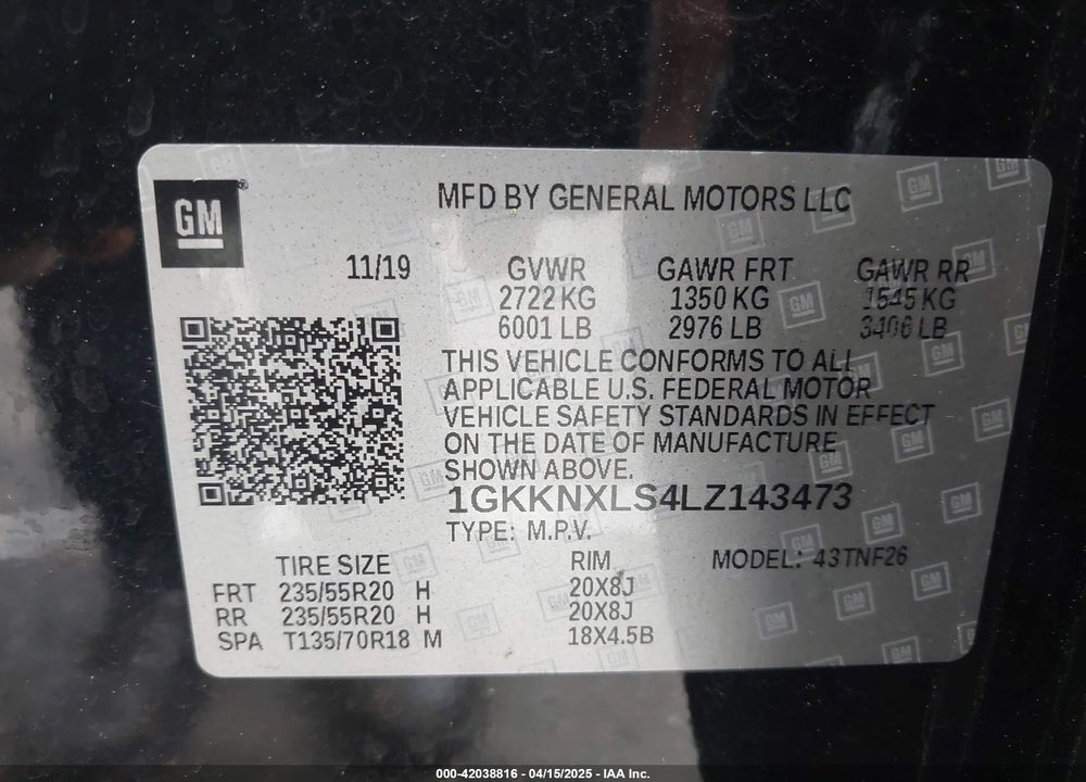 2020 GMC ACADIA VIN: 1GKKNXLS4LZ143473