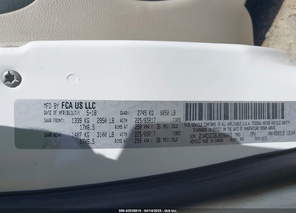 2018 DODGE GRAND CARAVAN SXT VIN: 2C4RDGCG8JR296003