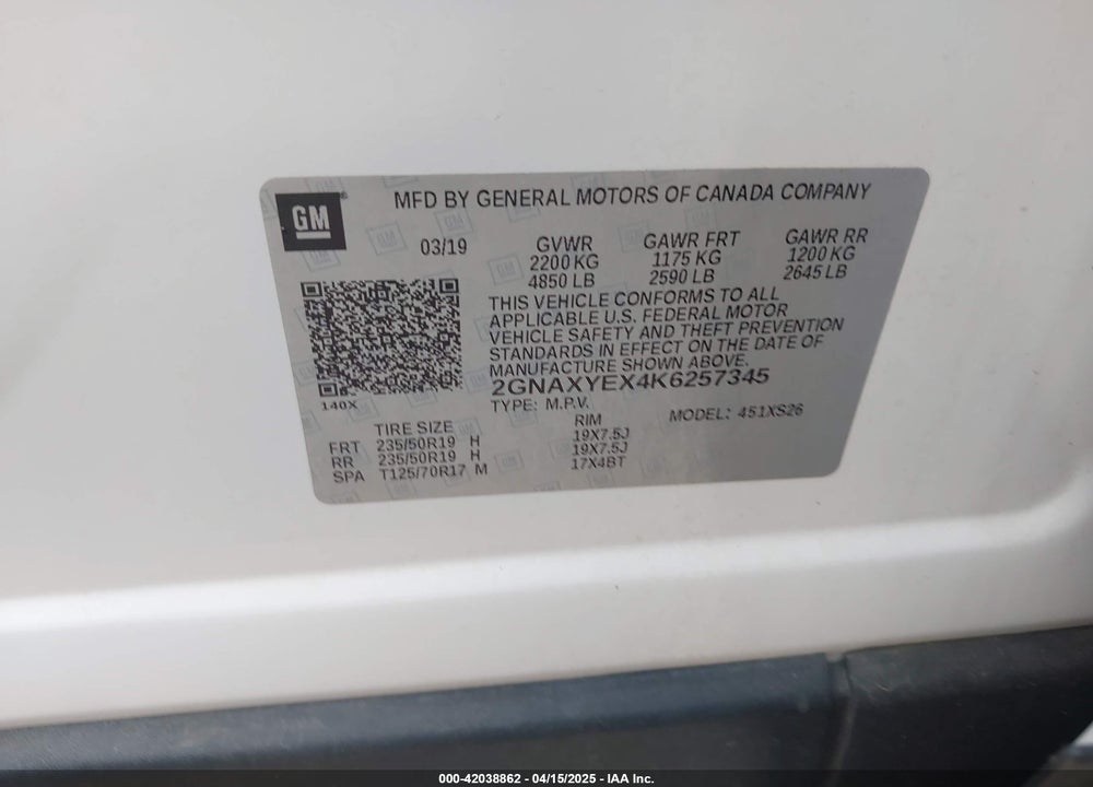 2019 CHEVROLET EQUINOX PREMIER VIN: 2GNAXYEX4K6257345