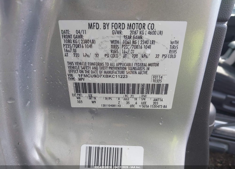 2011 FORD ESCAPE XLT VIN: 1FMCU9D7XBKC11223