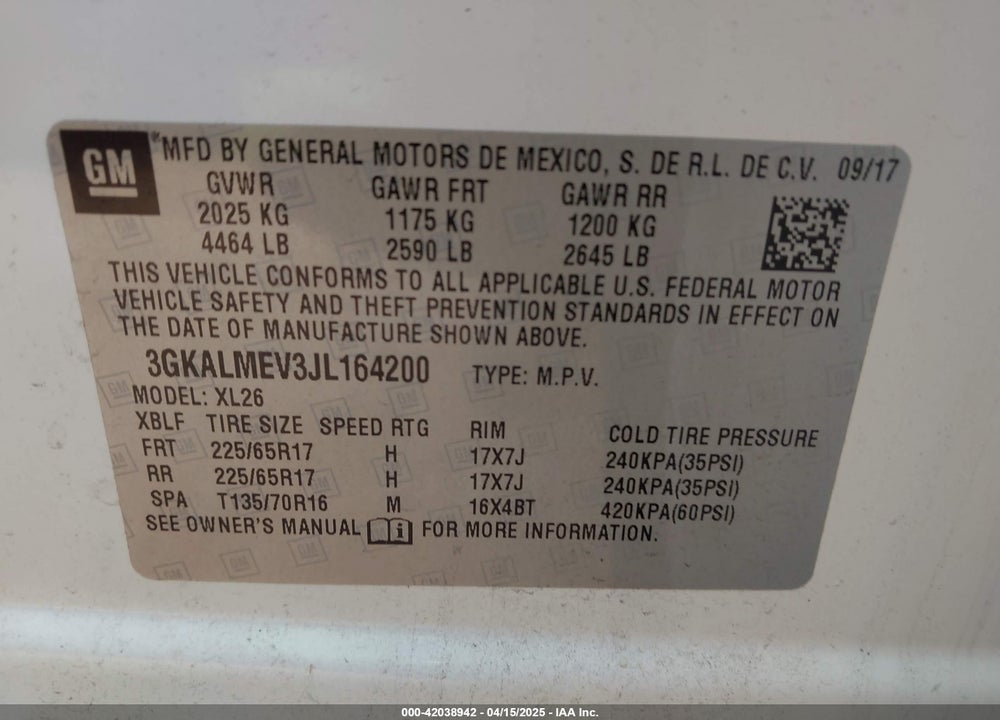 2018 GMC TERRAIN SLE VIN: 3GKALMEV3JL164200