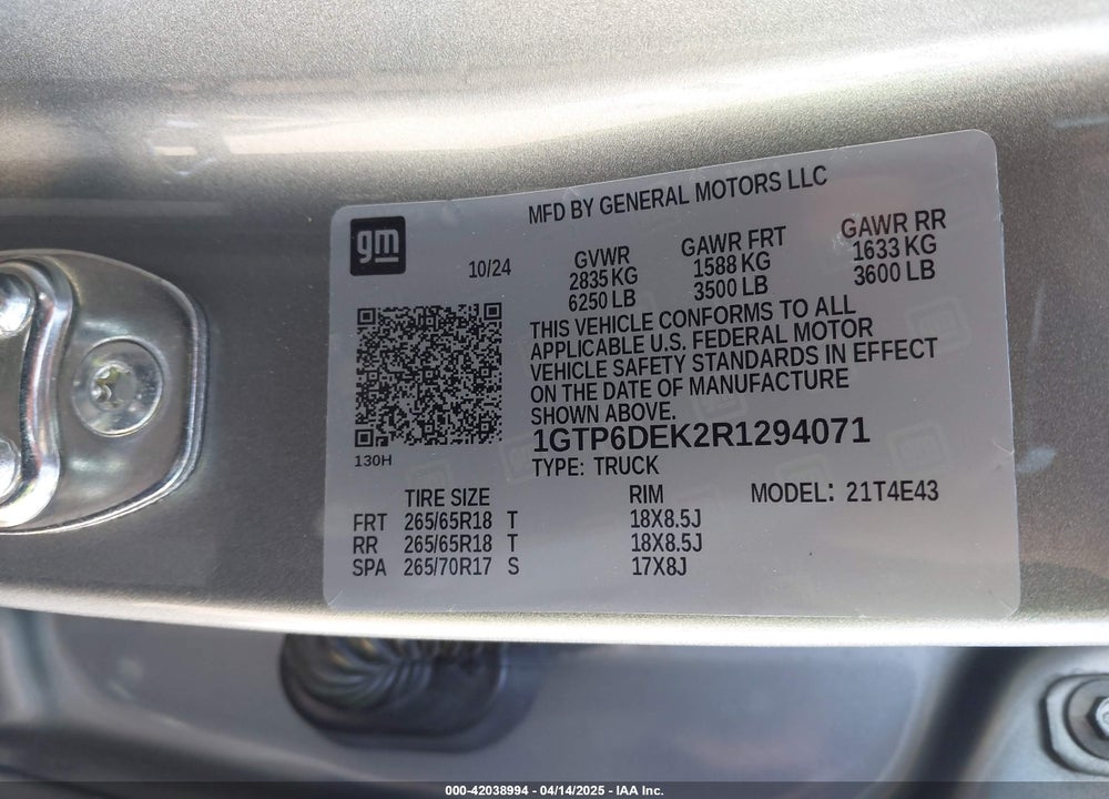 2024 GMC CANYON 4WD AT4 VIN: 1GTP6DEK2R1294071