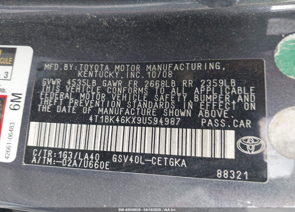 2009 TOYOTA CAMRY XLE V6 VIN: 4T1BK46KX9U594987