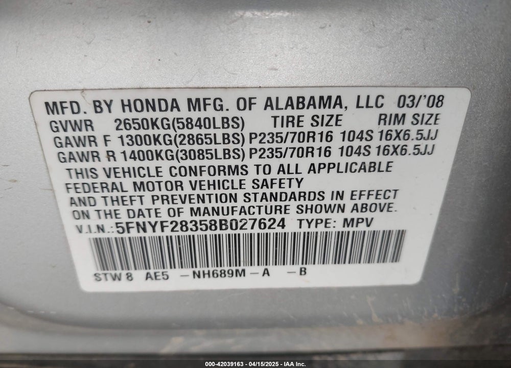 2008 HONDA PILOT SE VIN: 5FNYF28358B027624