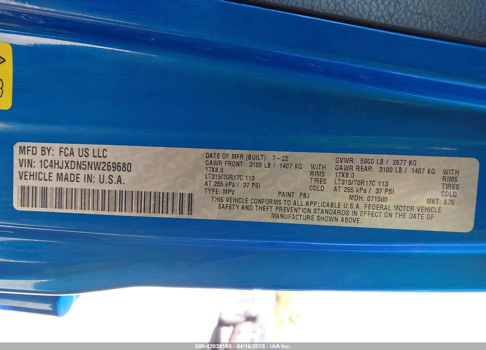 2022 JEEP WRANGLER UNLIMITED VIN: 1C4HJXDN5NW269680