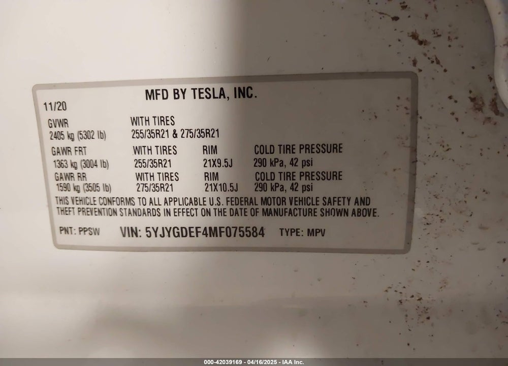 2021 TESLA MODEL Y VIN: 5YJYGDEF4MF075584