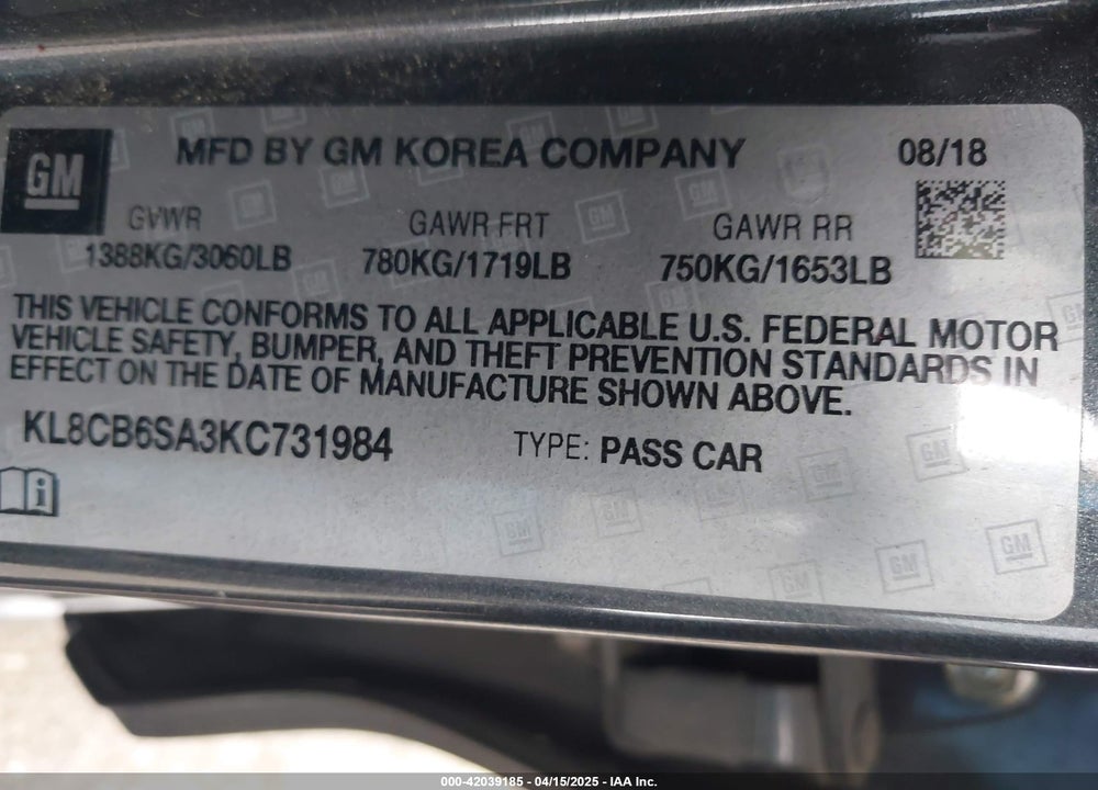 2019 CHEVROLET SPARK LS CVT VIN: KL8CB6SA3KC731984