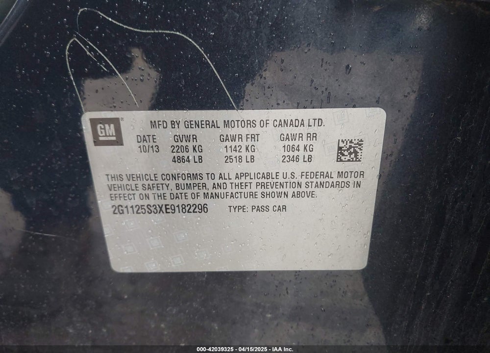2014 CHEVROLET IMPALA VIN: 2G1125S3XE9182296