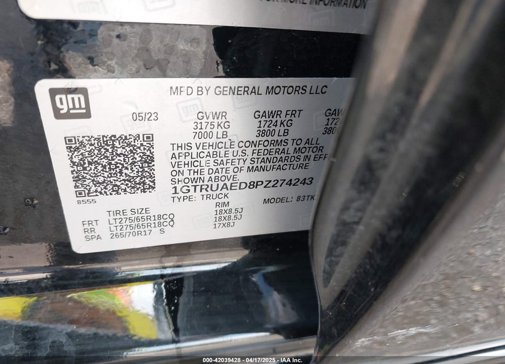 2023 GMC SIERRA 1500 VIN: 1GTRUAED8PZ274243