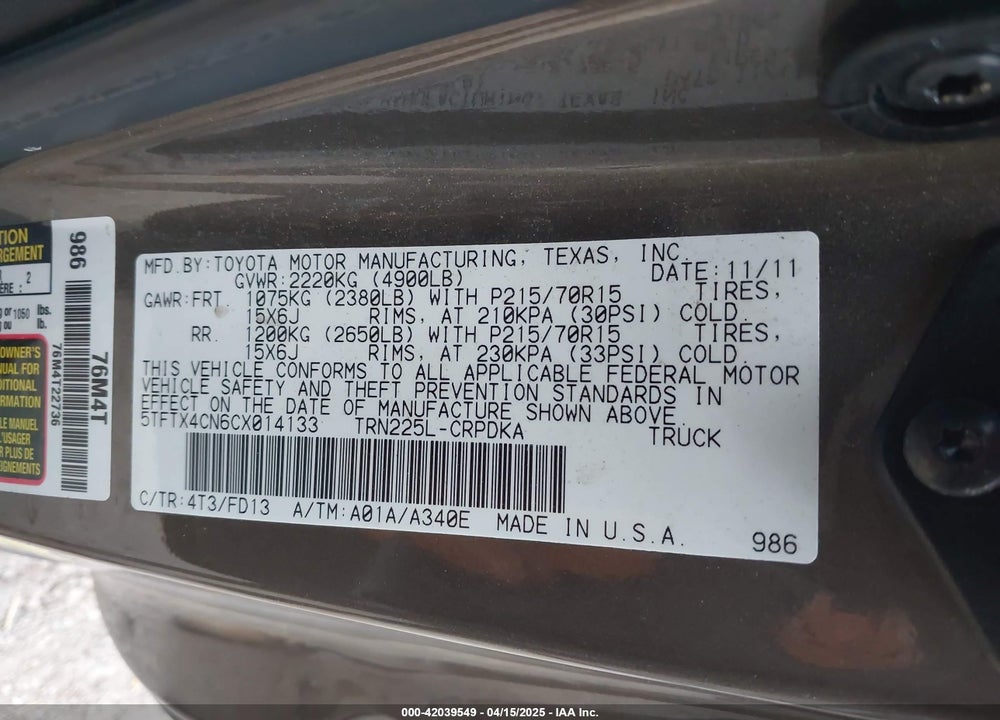 2012 TOYOTA TACOMA VIN: 5TFTX4CN6CX014133