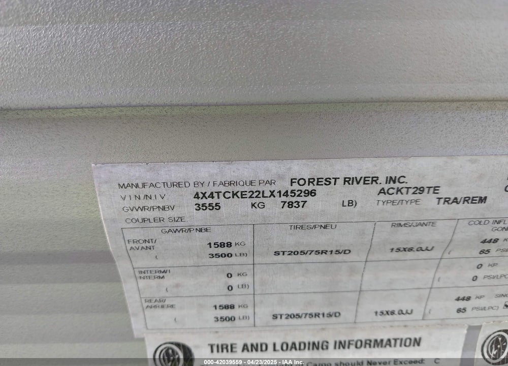 2020 FOREST RIVER GREY WOLF ACKT29TE VIN: 4X4TCKE22LX145296