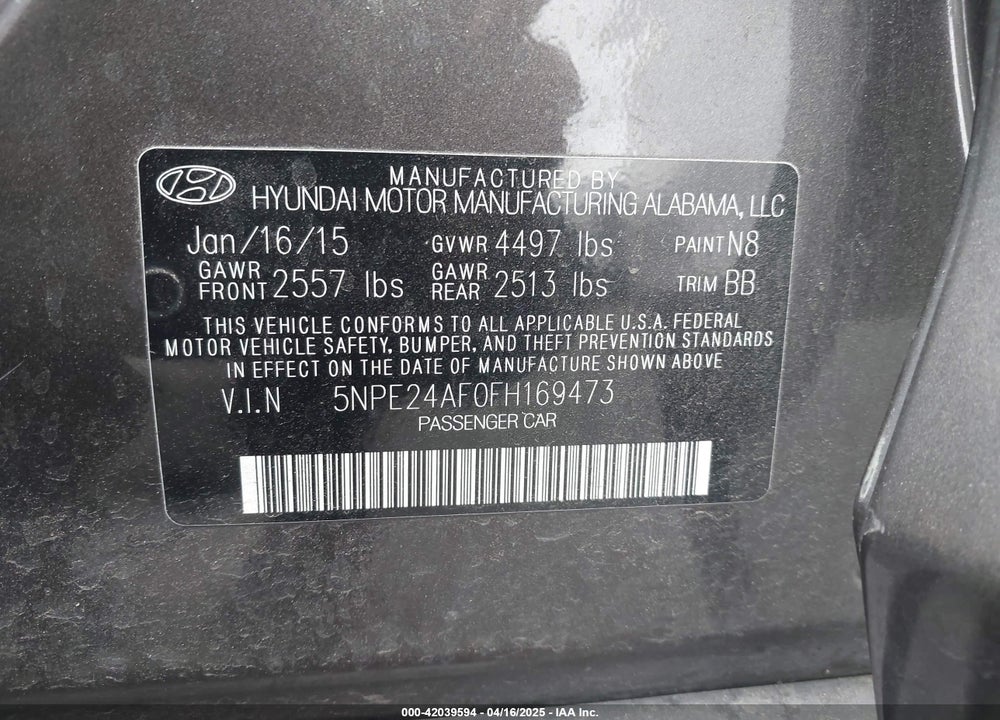 2015 HYUNDAI SONATA VIN: 5NPE24AF0FH169473
