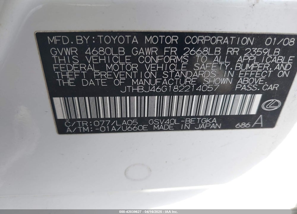 2008 LEXUS ES 350 VIN: JTHBJ46G182214057