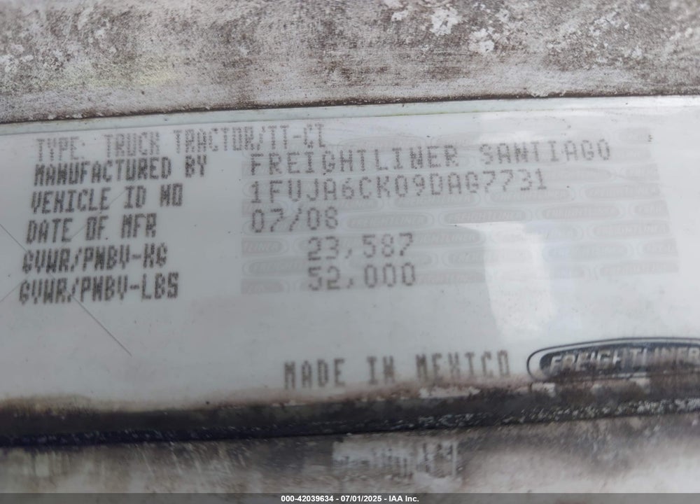 2009 FREIGHTLINER COLUMBIA COLUMBIA VIN: 1FUJA6CK09DAG7731