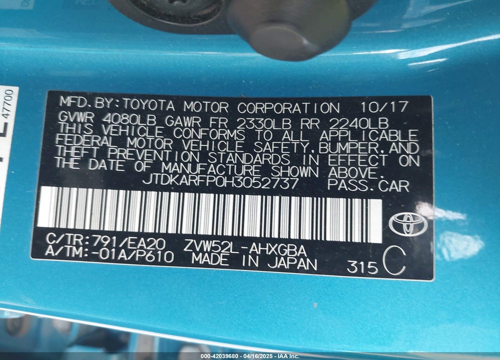 2017 TOYOTA PRIUS PRIME VIN: JTDKARFP0H3052737