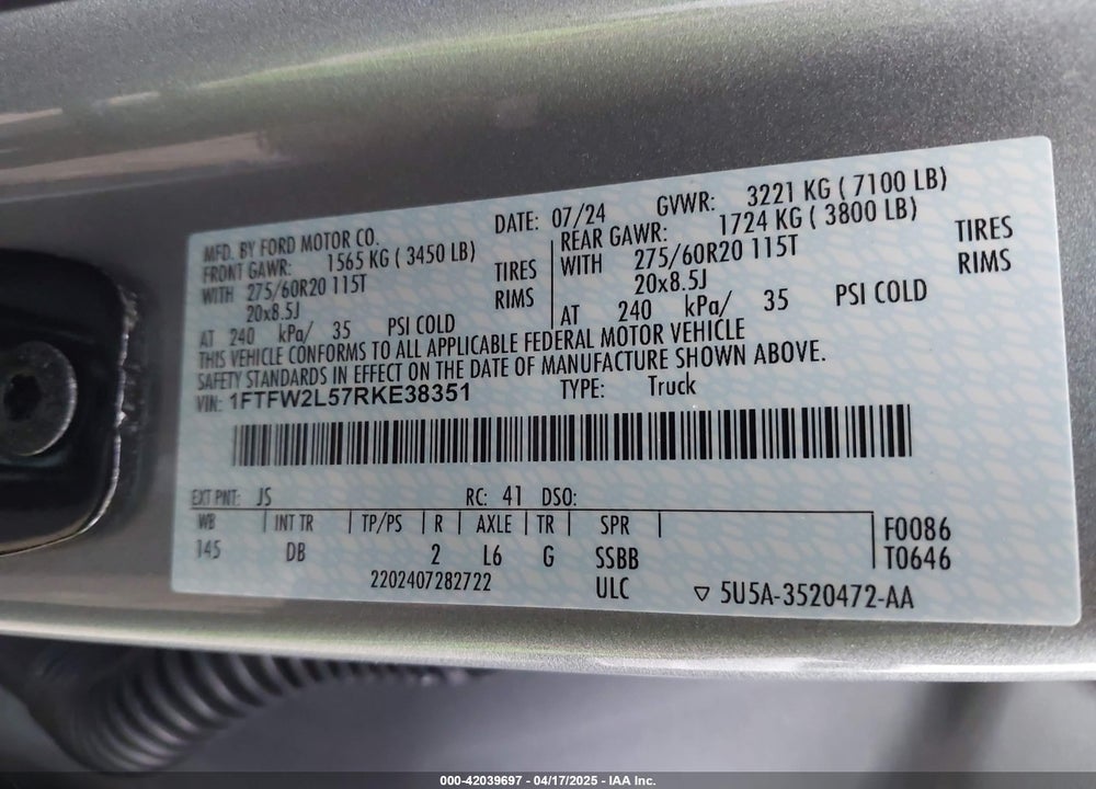 2024 FORD F-150 STX VIN: 1FTFW2L57RKE38351