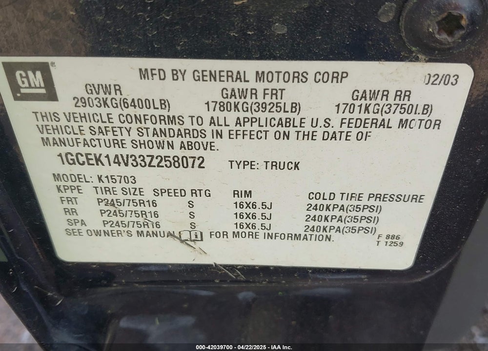 2003 CHEVROLET SILVERADO 1500 VIN: 1GCEK14V33Z258072