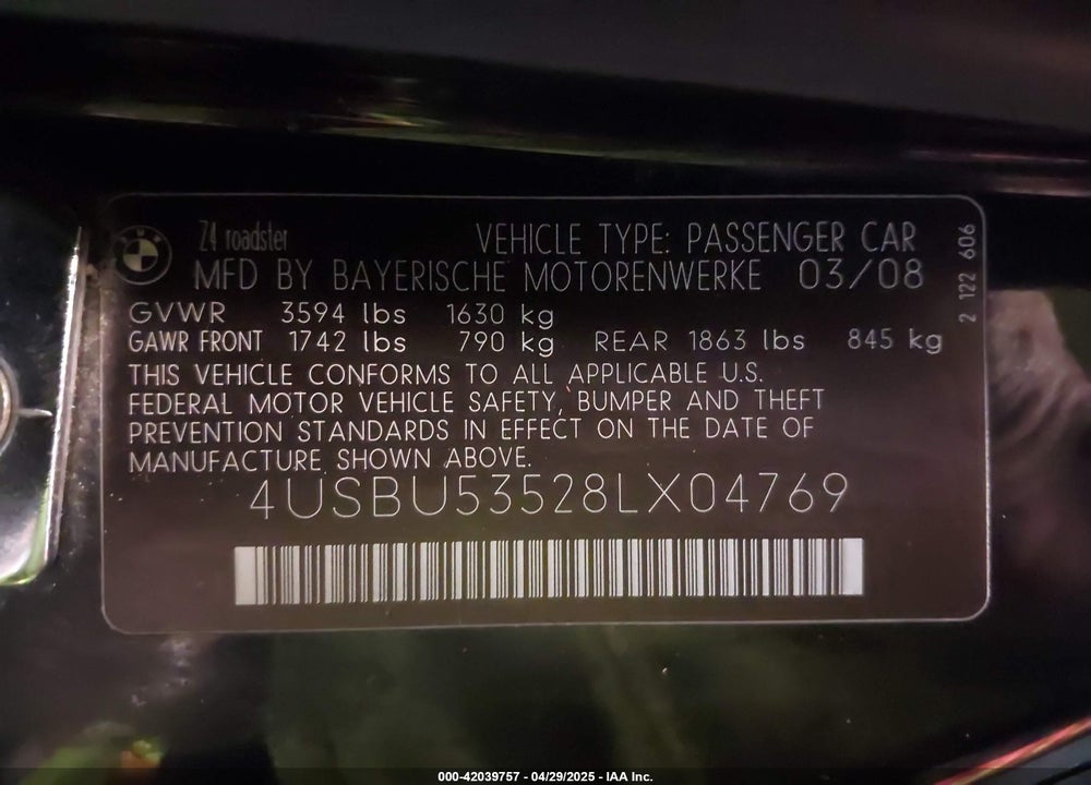 2008 BMW Z4 3.0SI VIN: 4USBU53528LX04769