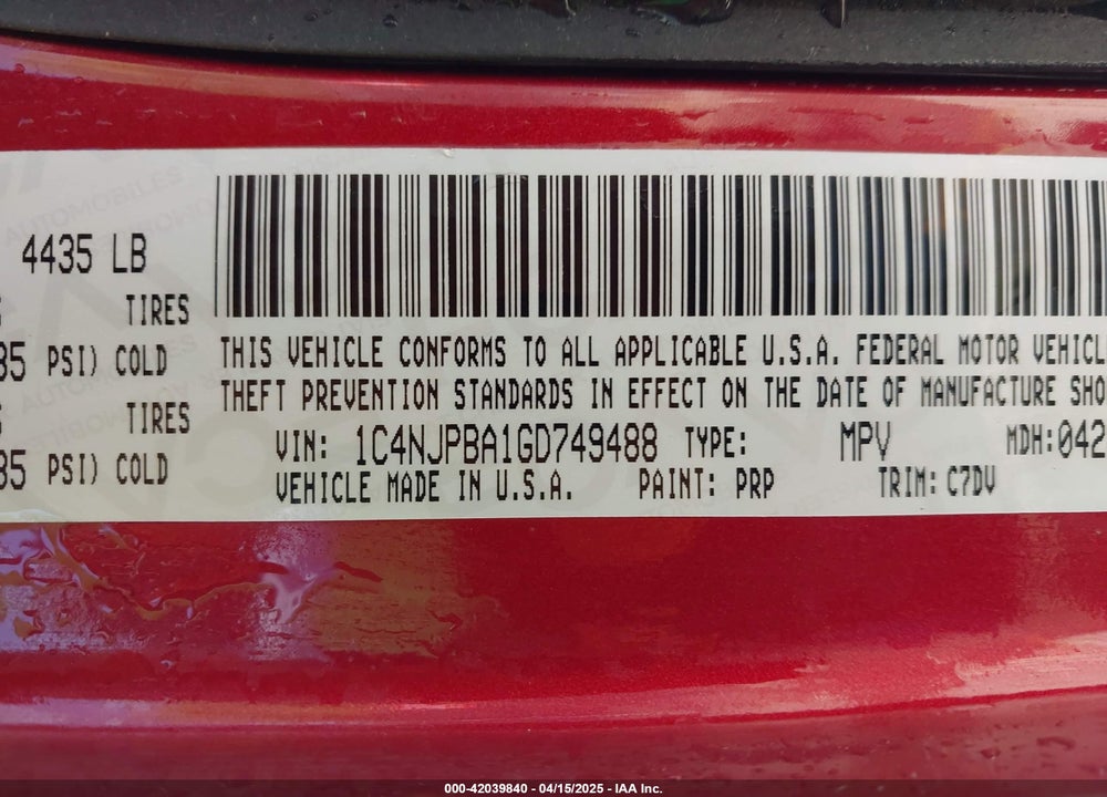 2016 JEEP PATRIOT SPORT VIN: 1C4NJPBA1GD749488