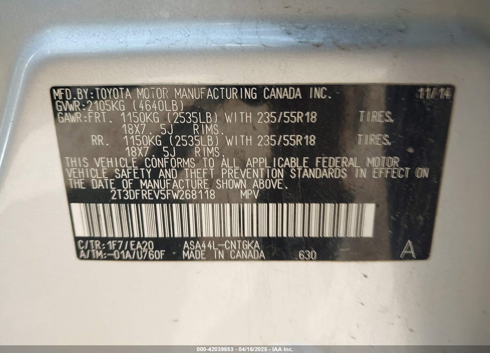 2015 TOYOTA RAV4 VIN: 2T3DFREV5FW268118