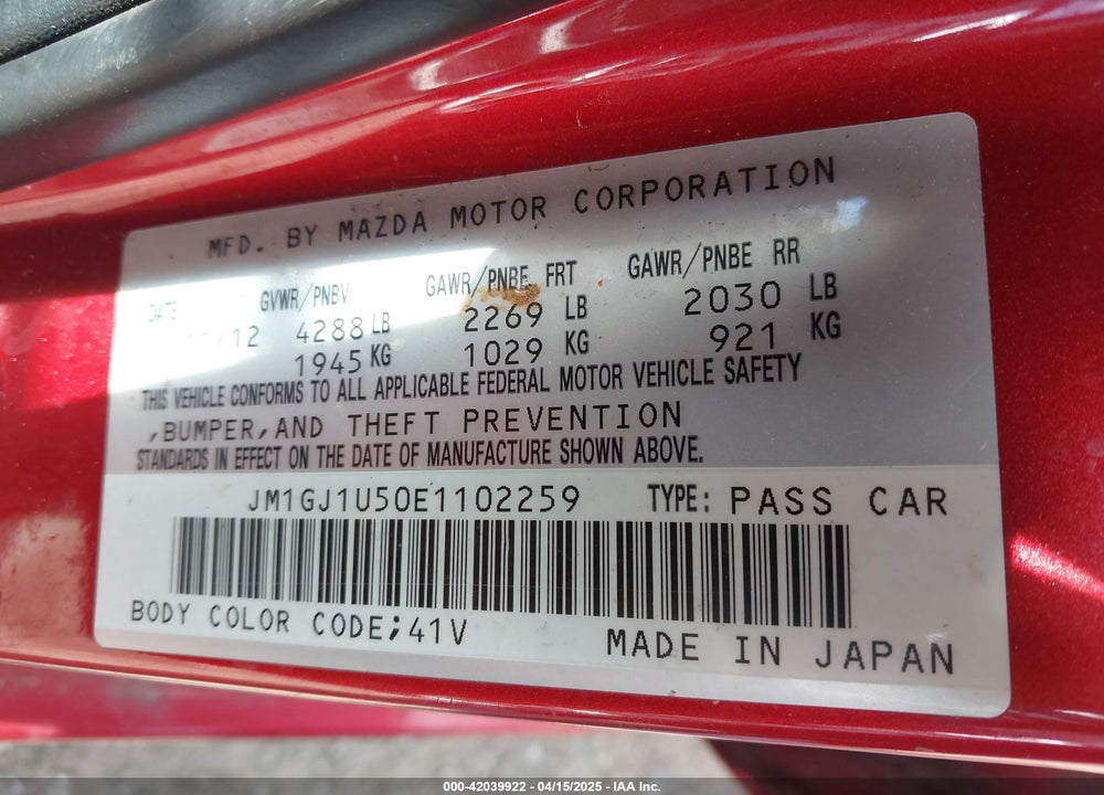 2014 MAZDA 6 VIN: JM1GJ1U50E1102259