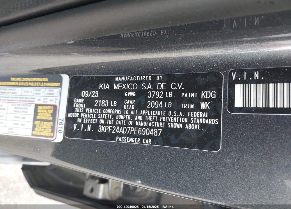 2023 KIA FORTE LXS VIN: 3KPF24AD7PE690487