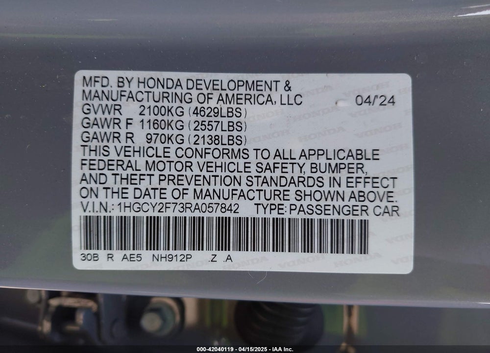 2024 HONDA ACCORD VIN: 1HGCY2F73RA057842