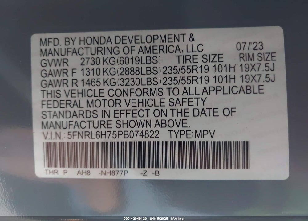 2023 HONDA ODYSSEY SPORT VIN: 5FNRL6H75PB074822