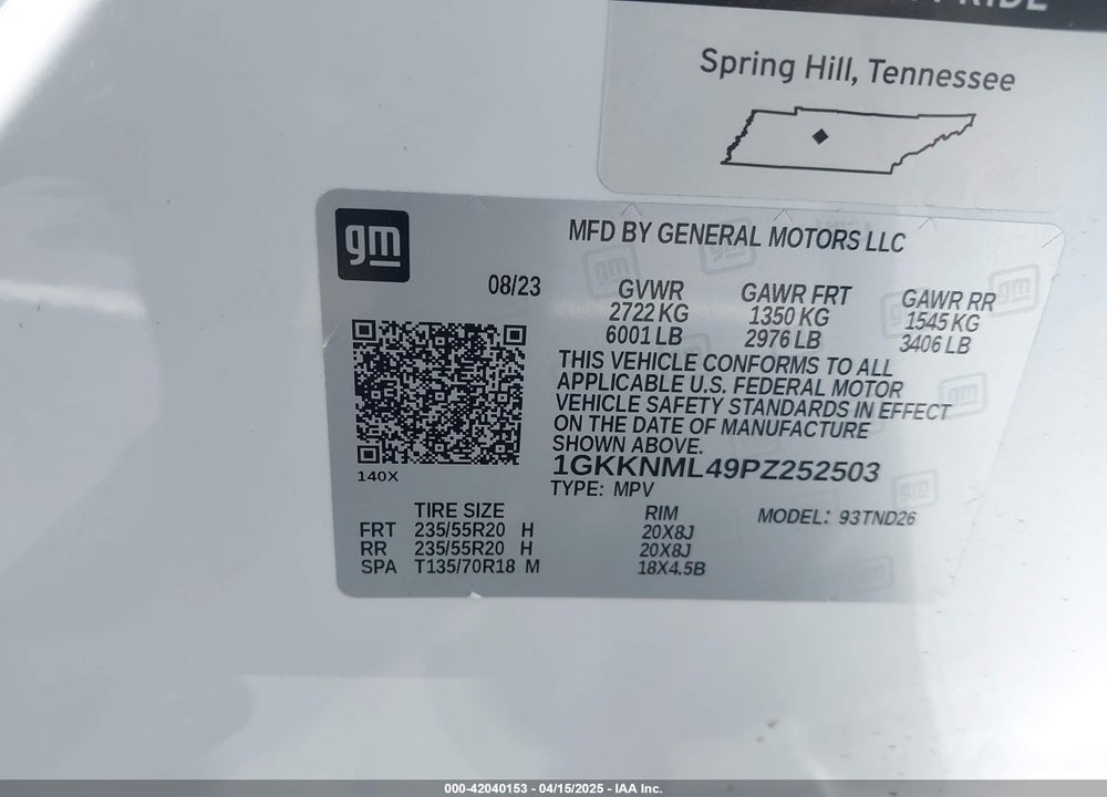 2023 GMC ACADIA VIN: 1GKKNML49PZ252503
