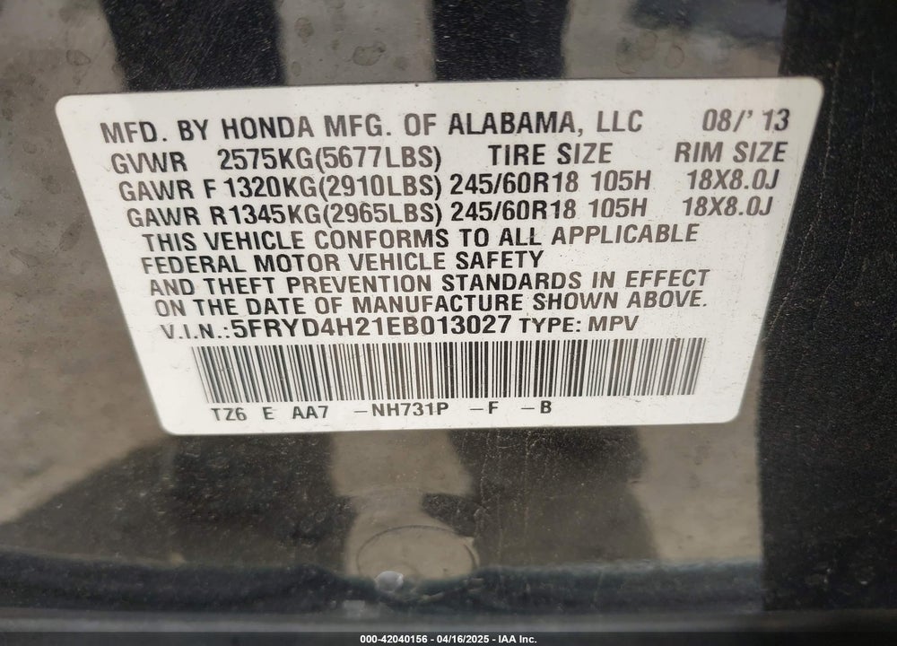 2014 ACURA MDX VIN: 5FRYD4H21EB013027